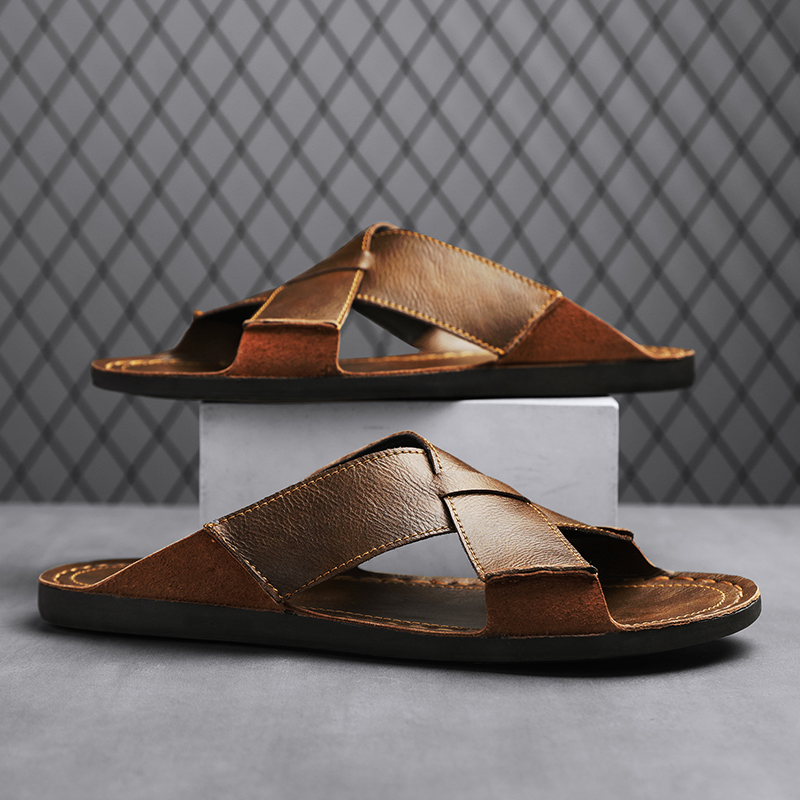 패션 정품 가죽 남성 슬리퍼 여름 남성 샌들 야외 비치 - Men'S Shoes Temu 리뷰 및 가격